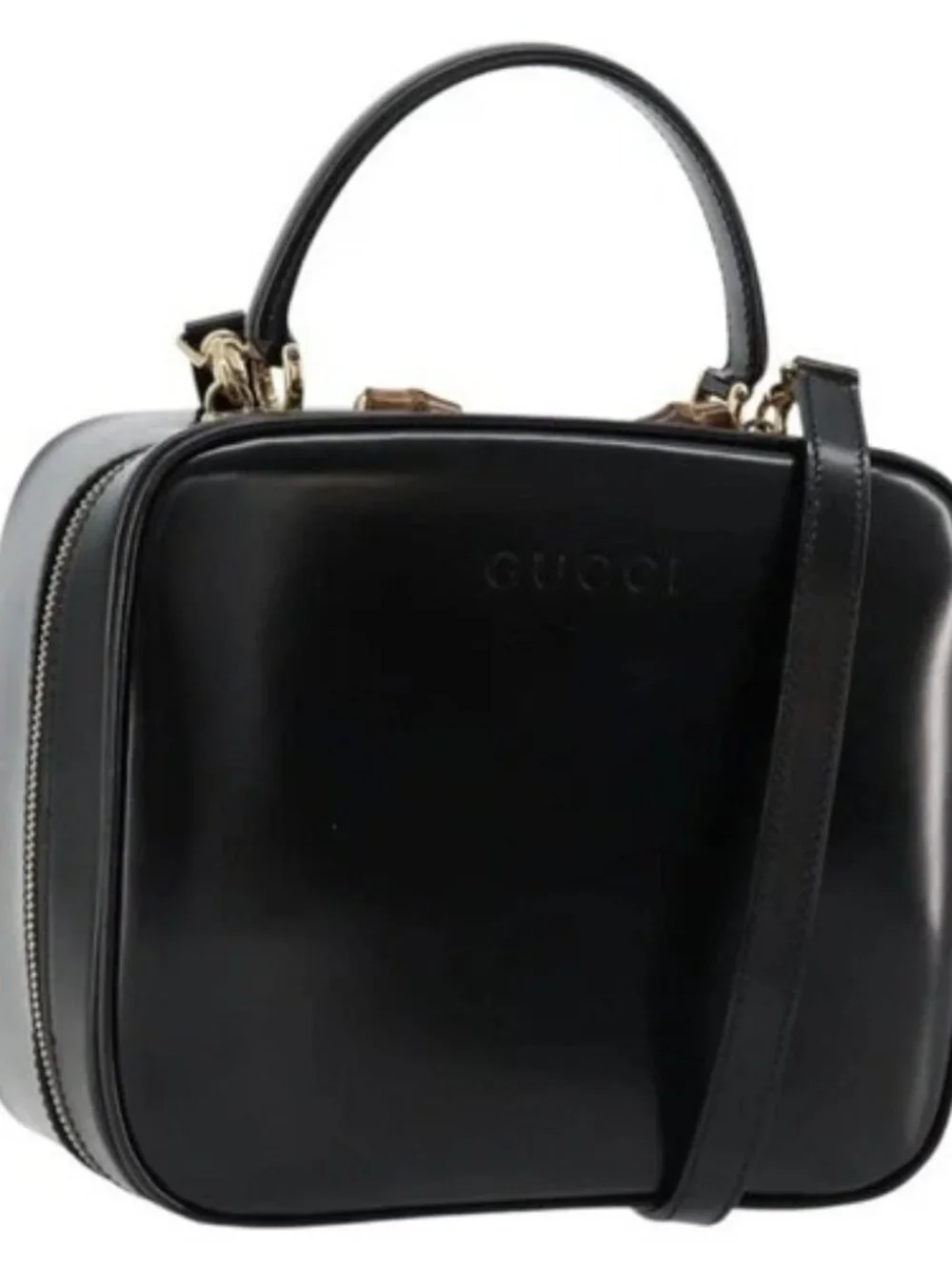 GUCCI Bamboo Vanity Hand Bag Patent 2way Black Gold 000 270 0323 Auth 180050